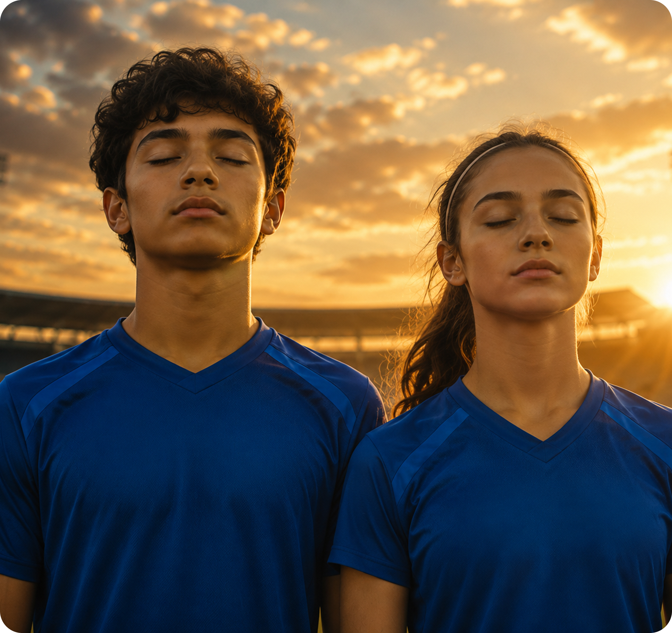 Two young athletes in blue jerseys standing side by side with their eyes closed at sunset