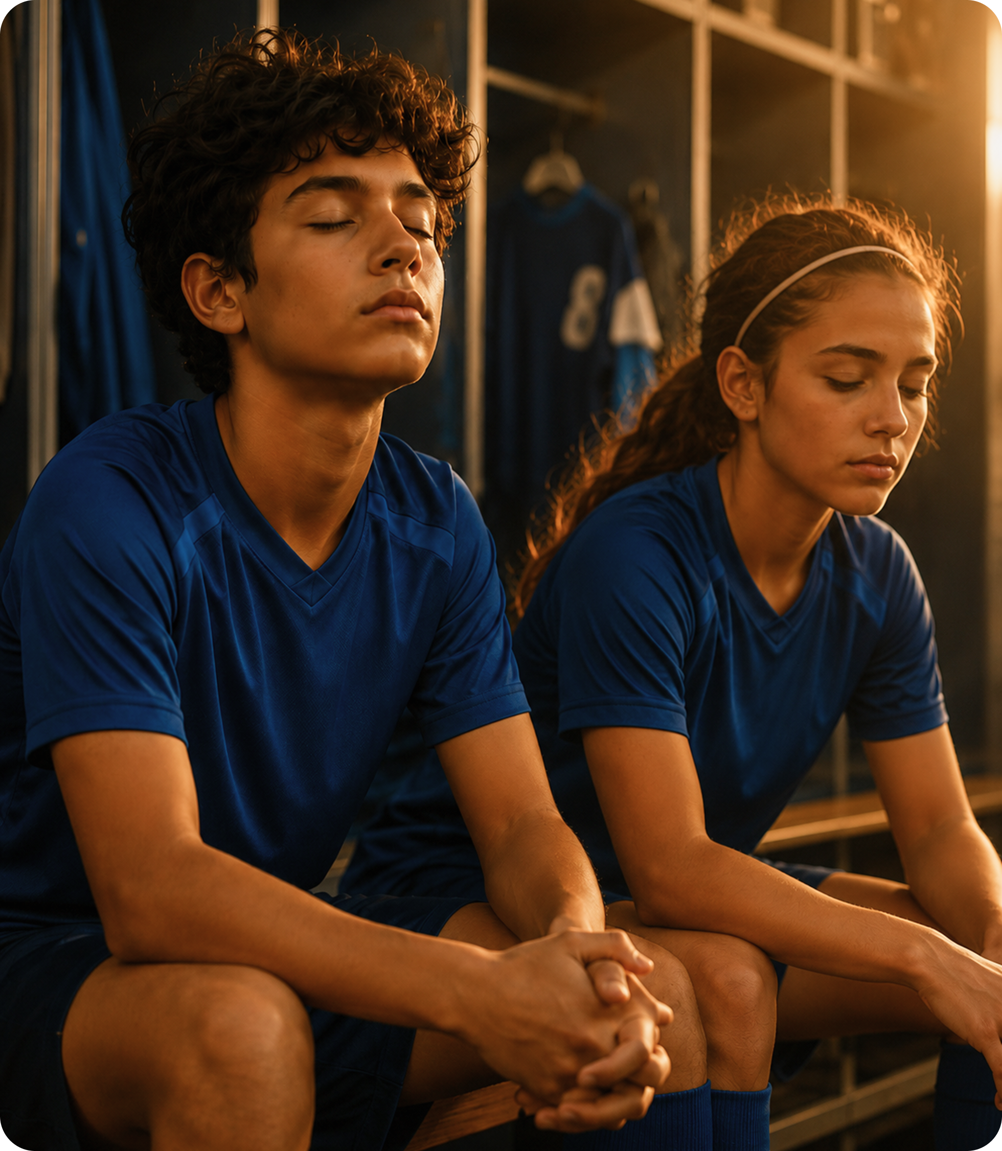 Two young athletes sitting quietly with their eyes closed in a locker room